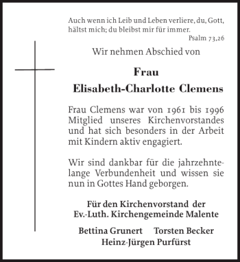 Traueranzeige von FrauElisabeth-Charlotte Clemens von Ostholsteiner Anzeiger