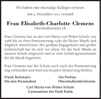 Traueranzeige von Frau Elisabeth-Charlotte Clemens von Ostholsteiner Anzeiger