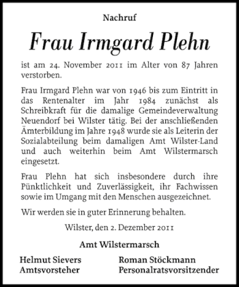 Traueranzeige von Frau Irmgard Plehn von Norddeutsche Rundschau