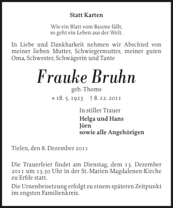 Traueranzeige von Frauke Bruhn von Landeszeitung
