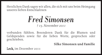 Traueranzeige von Fred Simonsen von Nordfriesland Tageblatt
