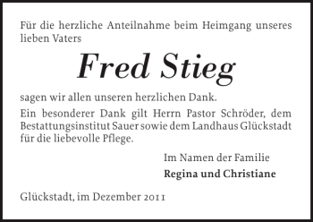 Traueranzeige von Fred Stieg von Norddeutsche Rundschau