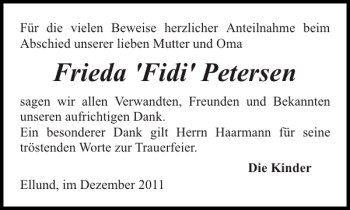 Traueranzeige von Frieda 'Fidi' Petersen von Flensburger Tageblatt