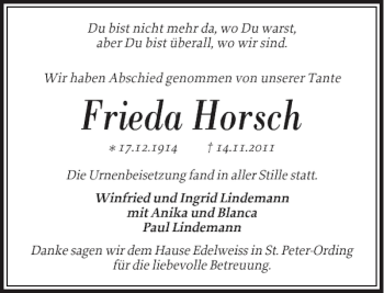 Traueranzeige von Frieda Horsch von Husumer Nachrichten