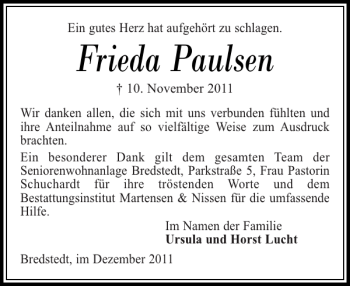 Traueranzeige von Frieda Paulsen von Husumer Nachrichten
