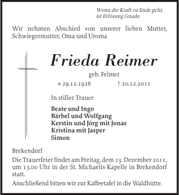 Traueranzeige von Frieda Reimer von Landeszeitung