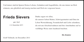 Traueranzeige von Frieda Sievers von Landeszeitung