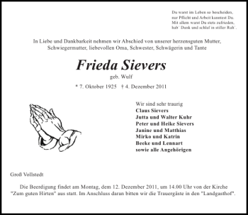 Traueranzeige von Frieda Sievers von Landeszeitung