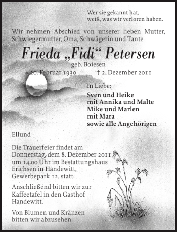Traueranzeige von Frieda Fidi Petersen von Flensburger Tageblatt