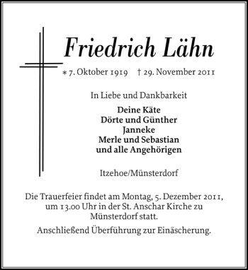 Traueranzeige von Friedrich Lähn von Norddeutsche Rundschau