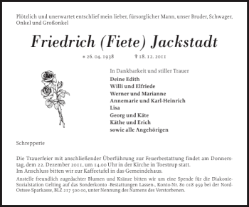 Traueranzeige von Friedrich Fiete Jackstadt von Flensburger Tageblatt