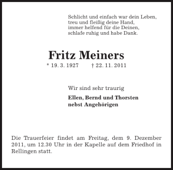 Traueranzeige von Fritz Meiners von Pinneberger Tageblatt