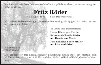 Traueranzeige von Fritz Röder von Pinneberger Tageblatt