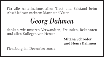 Traueranzeige von Georg Dahmen von Flensburger Tageblatt