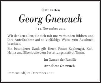 Traueranzeige von Georg Gnewuch von Husumer Nachrichten