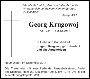 Traueranzeige von Georg Krugowoj von Holsteinischer Courier