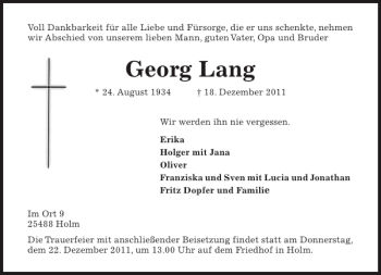 Traueranzeige von Georg Lang von Pinneberger Tageblatt