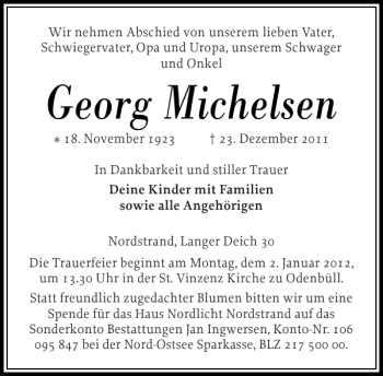 Traueranzeige von Georg Michelsen von Husumer Nachrichten