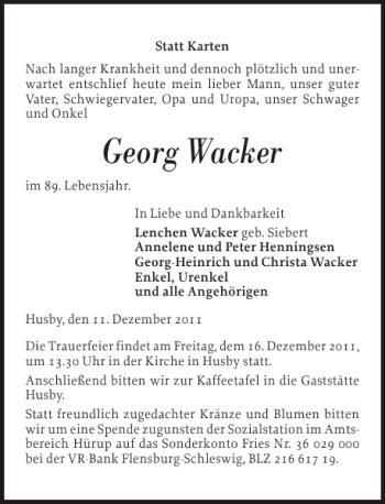 Traueranzeige von Georg Wacker von Flensburger Tageblatt