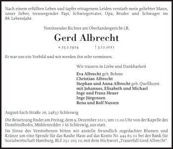 Traueranzeige von Gerd Albrecht von Schleswiger Nachrichten