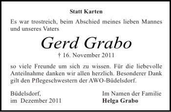 Traueranzeige von Gerd Grabo von Landeszeitung