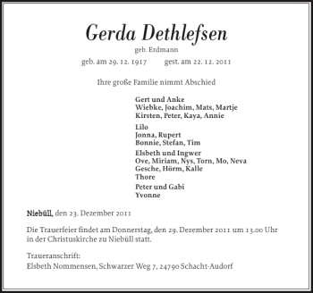 Traueranzeige von Gerda Dethlefsen von Nordfriesland Tageblatt