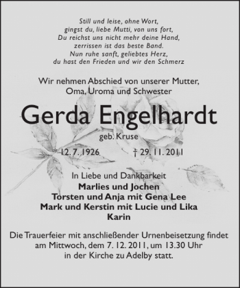 Traueranzeige von Gerda Engelhardt von Flensburger Tageblatt