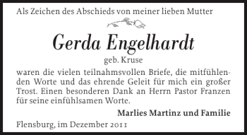 Traueranzeige von Gerda Engelhardt von Flensburger Tageblatt