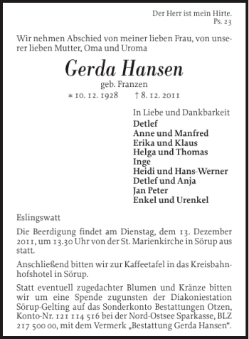 Traueranzeige von Gerda Hansen von Flensburger Tageblatt