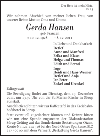Traueranzeige von Gerda Hansen von Flensburger Tageblatt
