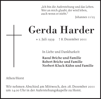Traueranzeige von Gerda Harder von Norddeutsche Rundschau
