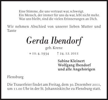 Traueranzeige von Gerda Ibendorf von Flensburger Tageblatt