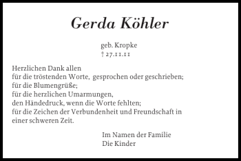 Traueranzeige von Gerda Köhler von Eckernförder Zeitung