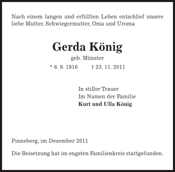 Traueranzeige von Gerda König von Pinneberger Tageblatt