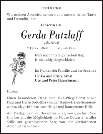 Traueranzeige von Gerda Patzlaff von Husumer Nachrichten