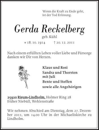 Traueranzeige von Gerda Reckelberg von Nordfriesland Tageblatt
