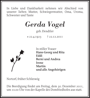 Traueranzeige von Gerda Vogel von Schleswiger Nachrichten