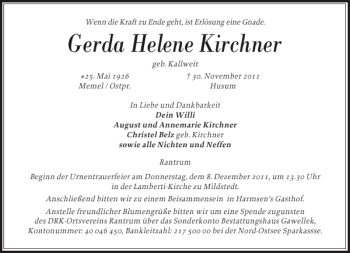 Traueranzeige von Gerda Helene Kirchner von Husumer Nachrichten
