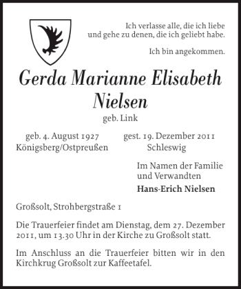 Traueranzeige von Gerda Marianne Elisabeth Nielsen von Flensburger Tageblatt