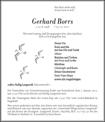 Traueranzeige von Gerhard Borrs von Husumer Nachrichten