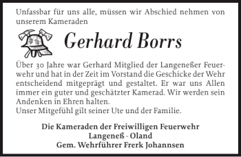 Traueranzeige von Gerhard Borrs von Husumer Nachrichten