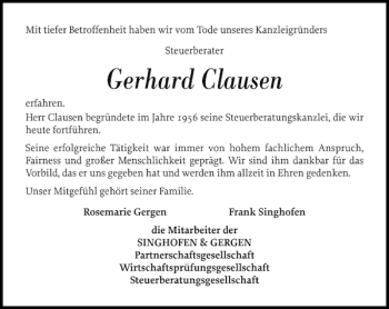 Traueranzeige von Gerhard Clausen von Flensburger Tageblatt