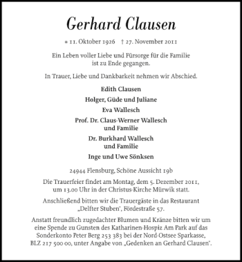 Traueranzeige von Gerhard Clausen von Flensburger Tageblatt