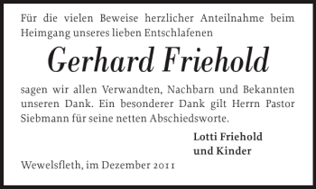 Traueranzeige von Gerhard Friehold von Norddeutsche Rundschau
