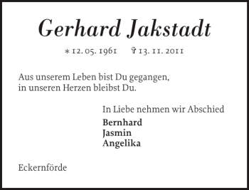 Traueranzeige von Gerhard Jakstadt von Eckernförder Zeitung