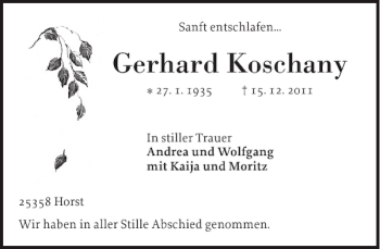 Traueranzeige von Gerhard Koschany von Elmshorner Nachrichten