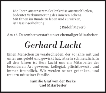 Traueranzeige von Gerhard Lucht von Landeszeitung