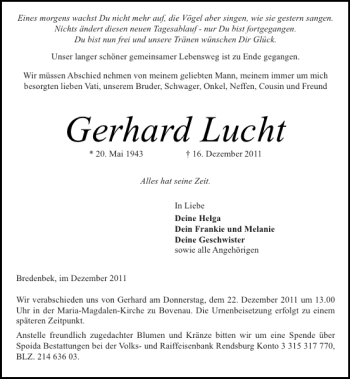 Traueranzeige von Gerhard Lucht von Landeszeitung