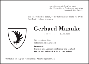 Traueranzeige von Gerhard Mannke von Elmshorner Nachrichten