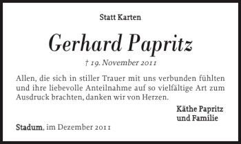 Traueranzeige von Gerhard Papritz von Flensburger Tageblatt